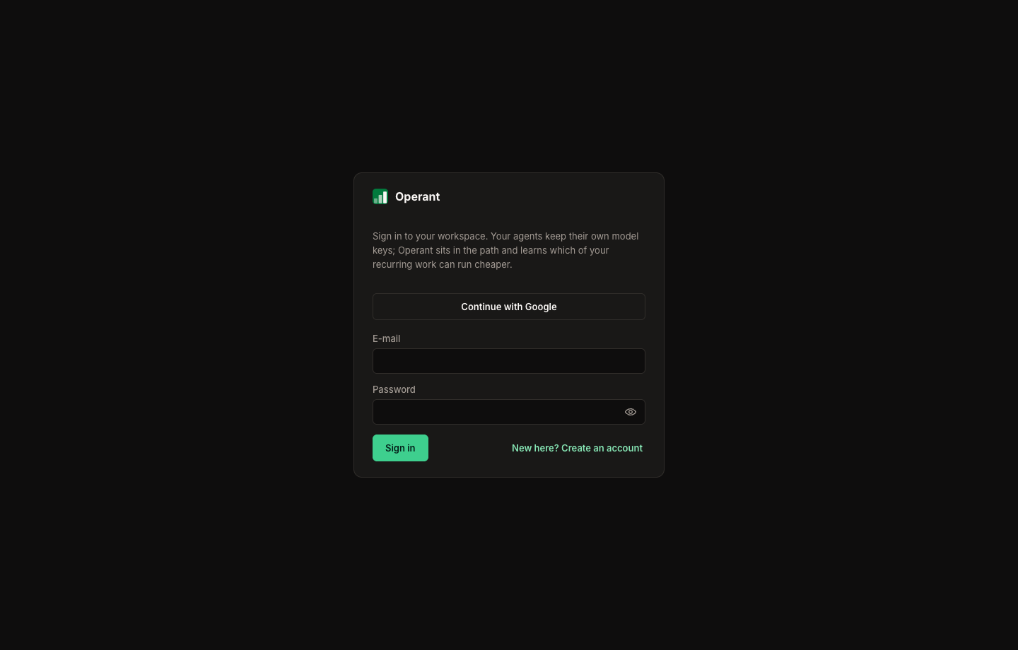 Operant onboarding sign-in screen